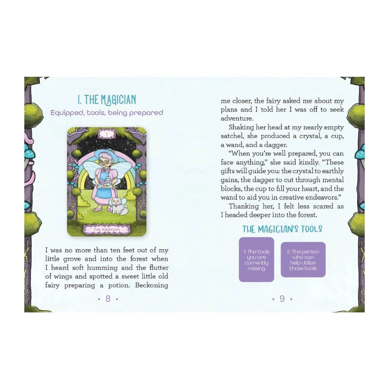 Card featuring 'The Magician' from a tarot deck with text and illustrations.