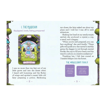 Card featuring 'The Magician' from a tarot deck with text and illustrations.