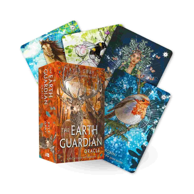 The Earth Guardian Oracle card deck box with several illustrated cards fanned behind it on a white background. The box is orange-brown with deer artwork and the title 'The Earth Guardian Oracle.
