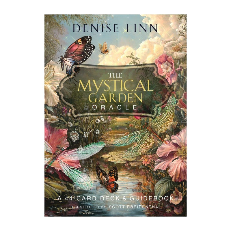 Front cover of 'The Mystical Garden Oracle' card deck and guidebook by Denise Linn, featuring an ornate botanical illustration with butterflies, flowers, and a stream under a cloudy sky.