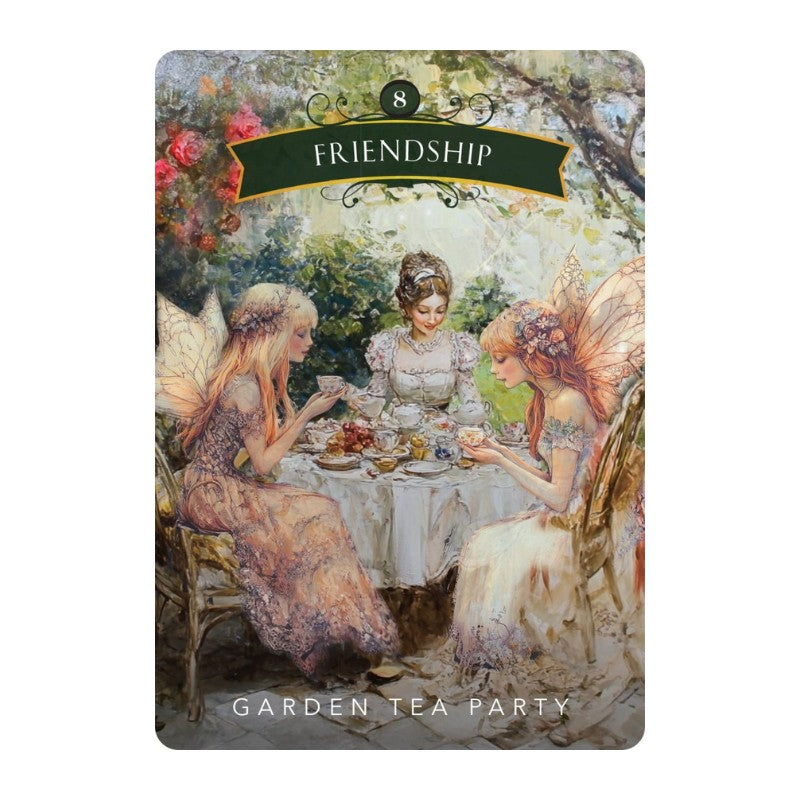 A rectangular art print or card titled 'Friendship' with the subtitle 'Garden Tea Party,' showing three fairy women seated around a table in a garden setting. The artwork has a soft vintage palette with greens, creams, pinks, and golds, and the title appears at the top with decorative flourishes.
