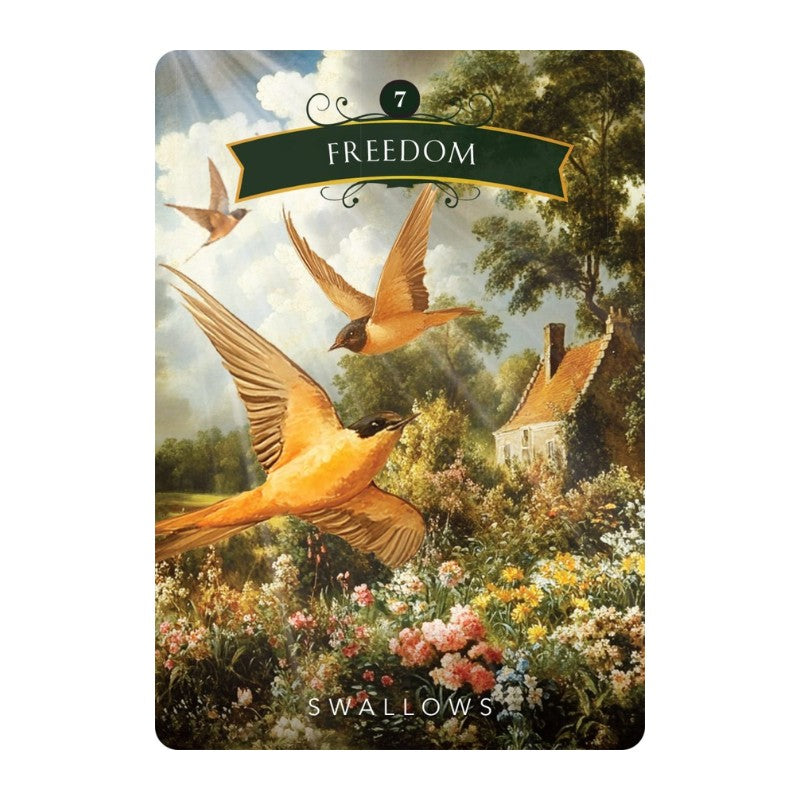 A rectangular art print or card featuring a pastoral landscape with three swallows flying over a flowered field and small cottage, with a dark green banner reading "FREEDOM" and the word "SWALLOWS" at the bottom.