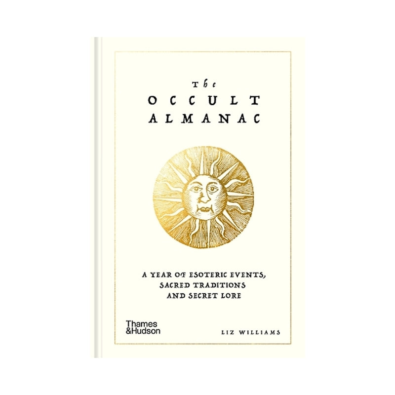The Occult Almanac book cover by Liz Williams, published by Thames & Hudson. The cover is cream-colored with black text and a central gold sun illustration.