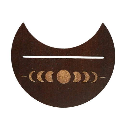 Wooden disc scaped tarot card holder with moon phases engraved in gold