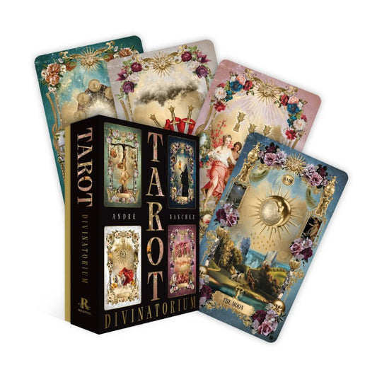 Tarot card set with decorative cards and a black box labeled 'Divinatorkium' on a white background.