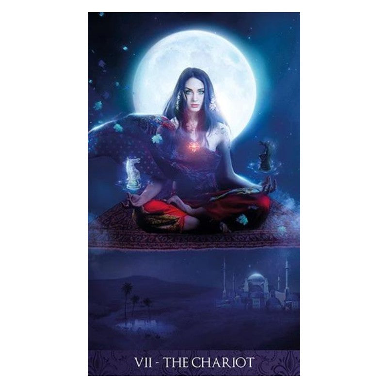 Card from the Tarot De La Nuit deck featuring a woman on a flying carpet as the chariot
