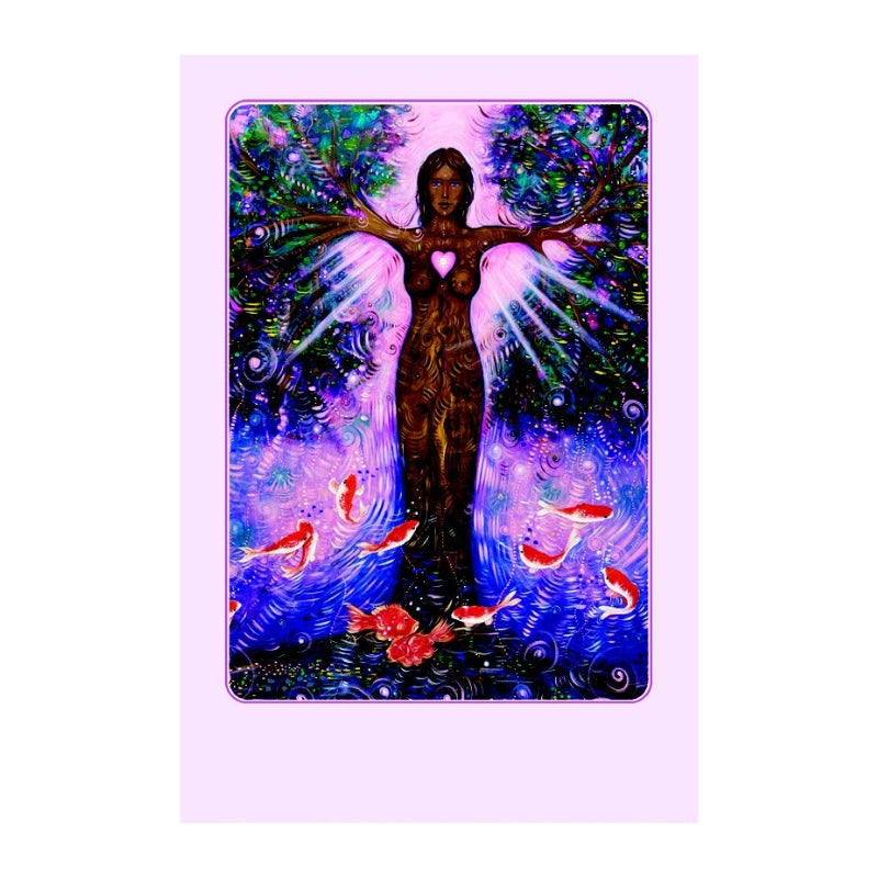 A rectangular art print or card featuring a colorful fantasy illustration of a winged female figure standing in a blue and purple landscape with koi fish, centered on a pale lavender background.