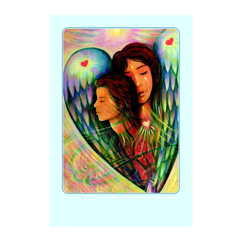A colorful art print or card featuring two women embracing, surrounded by large angel wings and hearts, shown against a pale blue background.