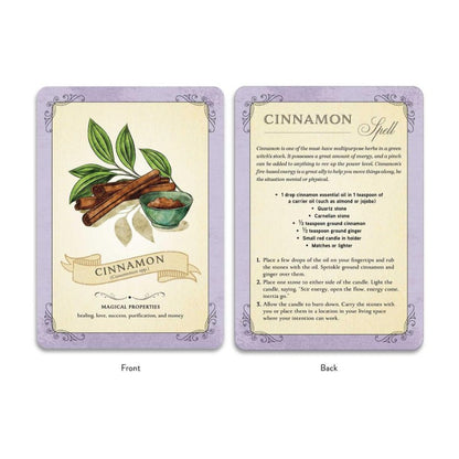 Two cards showing the front and back of a cinnamon spell card with illustrations and text.