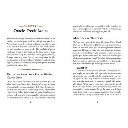 The Green Witch's Oracle Deck showing samples of the guidebook
