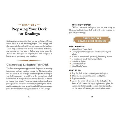 The Green Witch's Oracle Deck showing samples of the guidebook