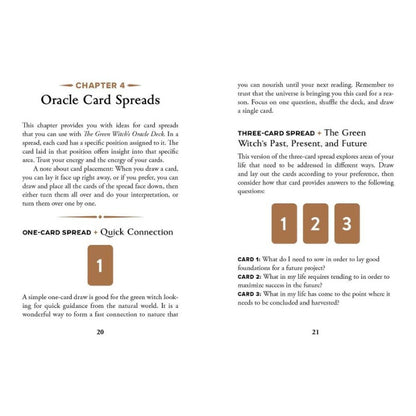 The Green Witch's Oracle Deck showing samples of the guidebook