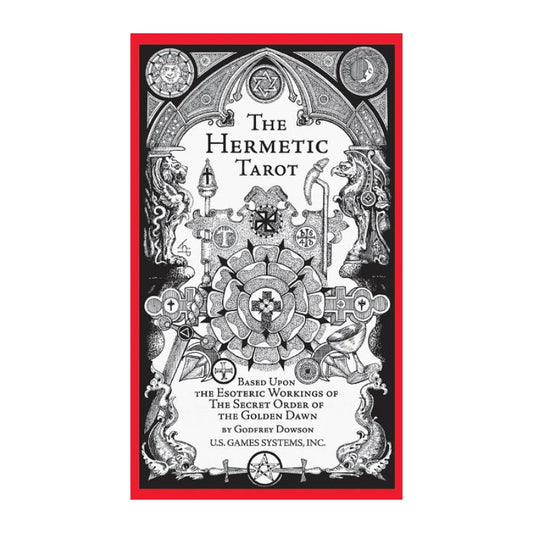The Hermetic Tarot card deck box cover by George Dawson, featuring an ornate black and white illustration with a red border on a white background.