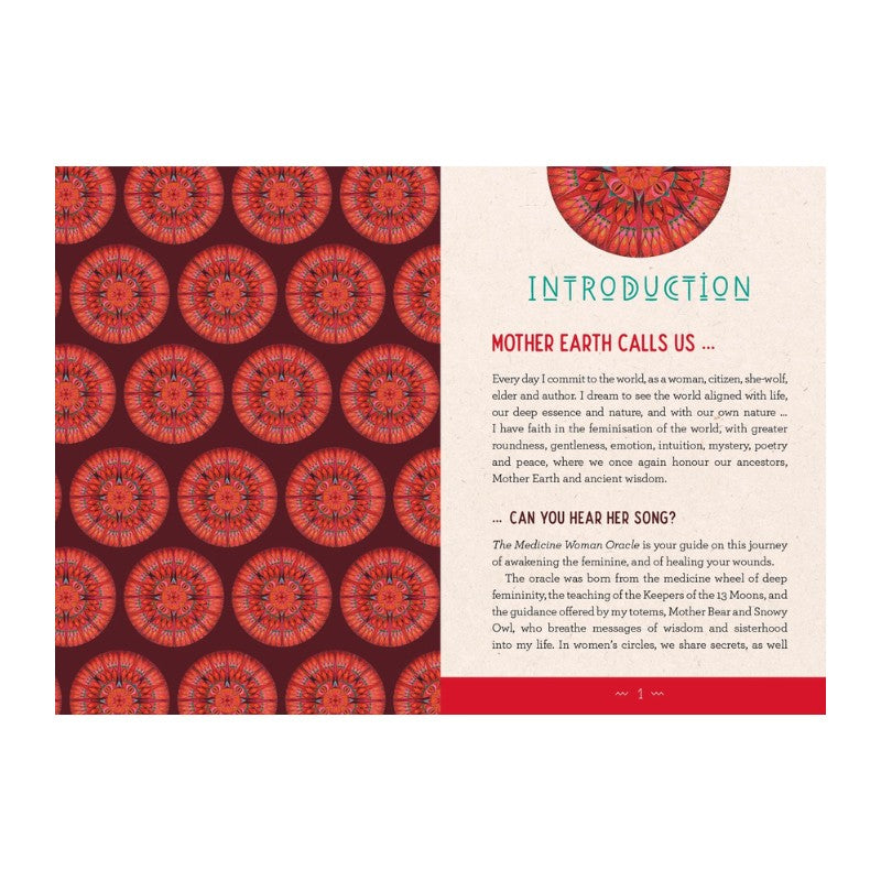 guidebook page with red circular patterns and text on a white background
