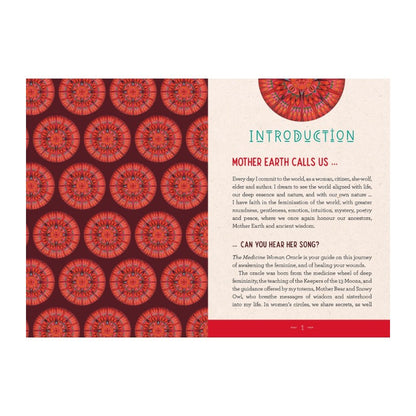 guidebook page with red circular patterns and text on a white background