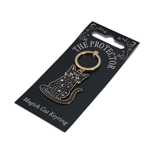 Cat keychain on a black card with 'The Protector' branding