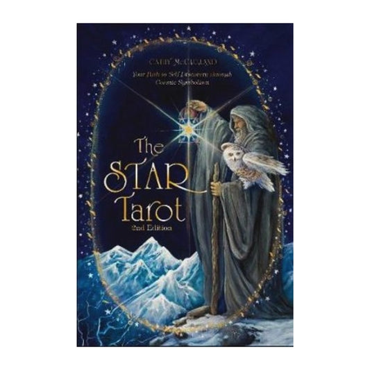 The Star Tarot 2nd Edition card deck cover by Cathy McClelland , featuring a dark blue night sky with stars, a robed figure holding a glowing star and owl, and icy mountains at the bottom.