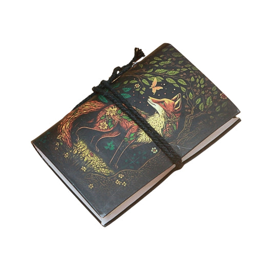 small notebook with brown tie and image of a fox in the forest, on  a white background