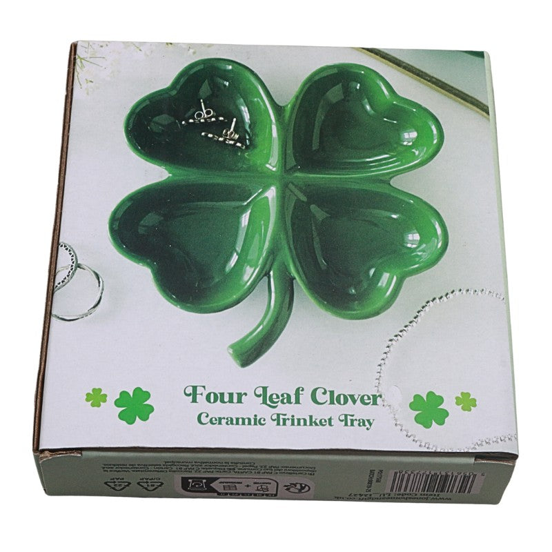 Four leaf clover ceramic trinket tray on its packaging