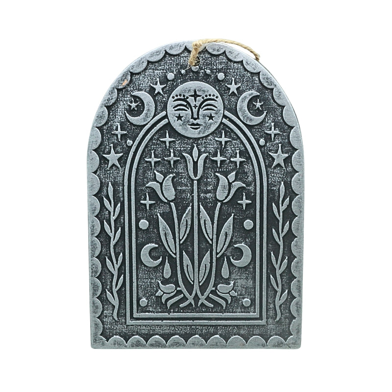 silver terracotta wall hanging with a triple moon and 3 tulips design