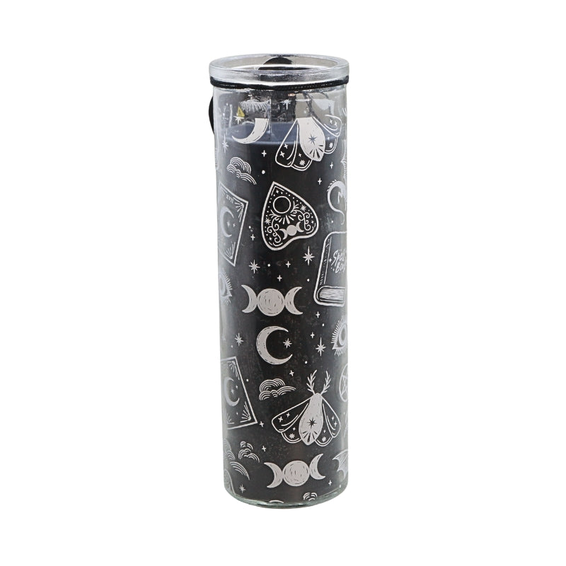 A tall, cylindrical glass tumbler with a clear lid, featuring a black body decorated with white celestial and occult-themed illustrations including moons, stars, a tarot card, a butterfly, and pentacles.