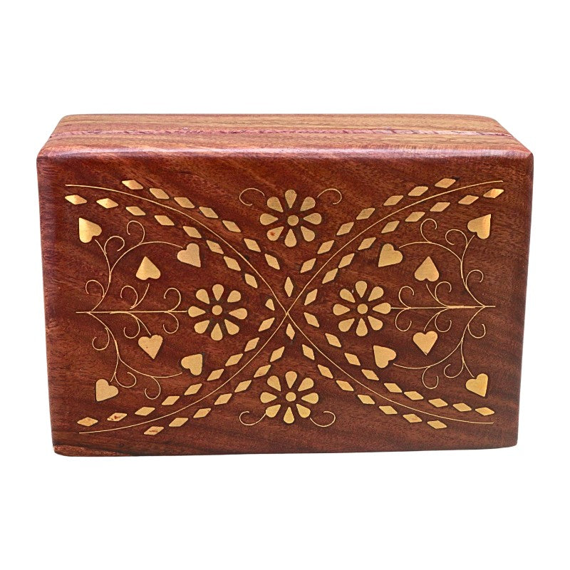 A rectangular wooden keepsake box with a reddish-brown finish and gold floral inlay patterns on the lid, shown against a plain white background.