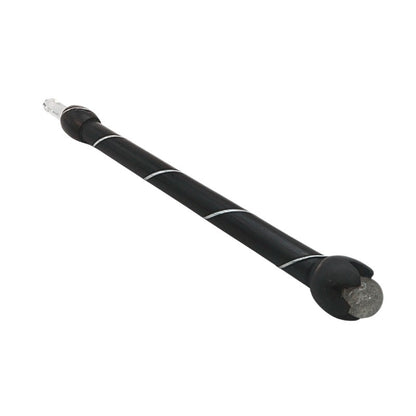 wooden wand with crystal ball end and point on white background

