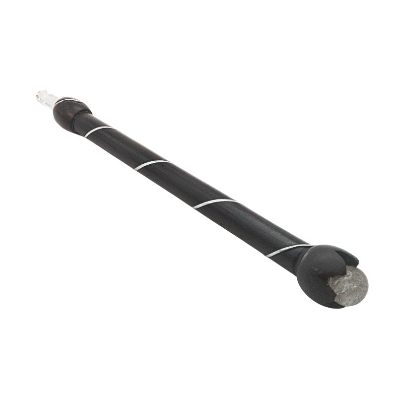 wooden wand with crystal ball end and point on white background