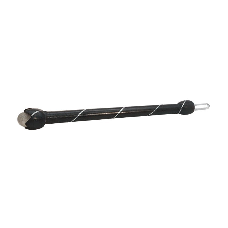 wooden wand with crystal ball end and point on white background
