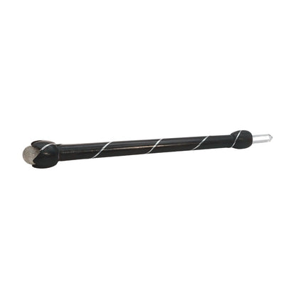 wooden wand with crystal ball end and point on white background

