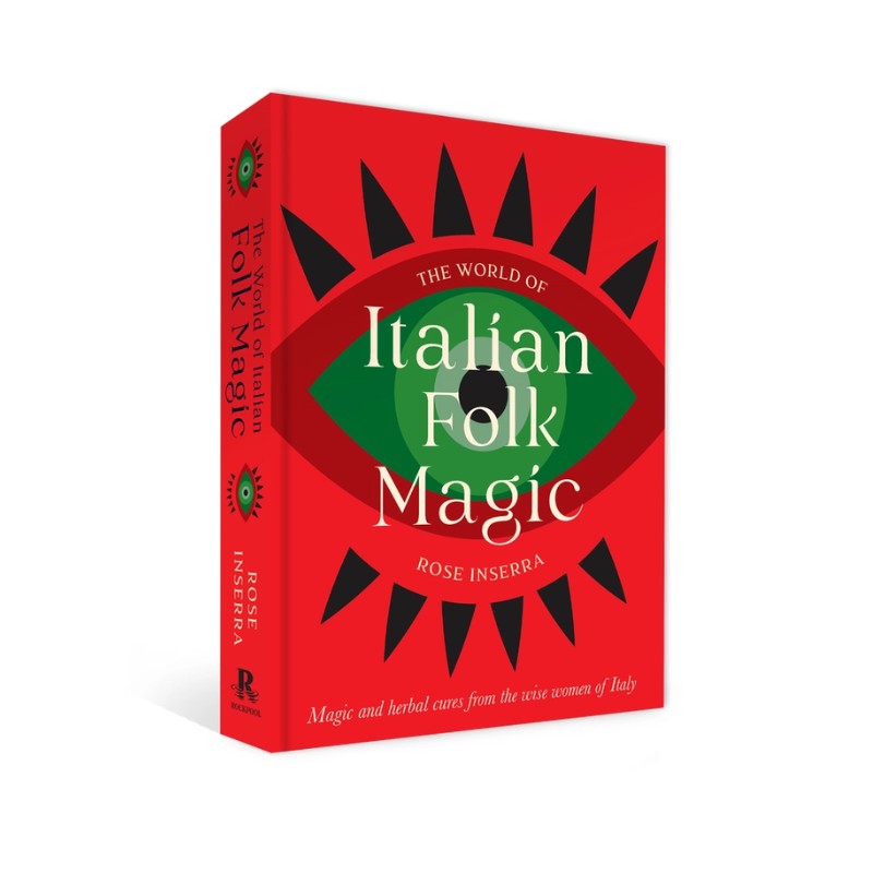 Book titled 'The World of Italian Folk Magic' with a red cover and green eye design on a white background.