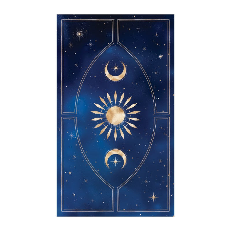 Decorative card with celestial design featuring sun, moon, and stars on a blue background.