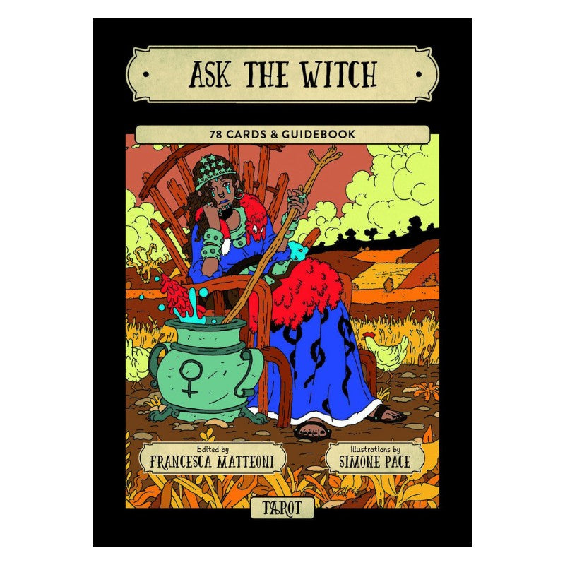 front cover of the Ask the witch tarot deck showing a witch stirring a  potion in a cauldron 