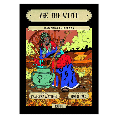 front cover of the Ask the witch tarot deck showing a witch stirring a  potion in a cauldron 