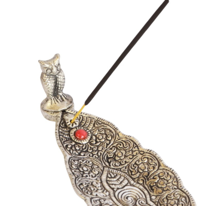 Aluminium Leaf Incense Stick Holder/ Ash Catcher With Owl