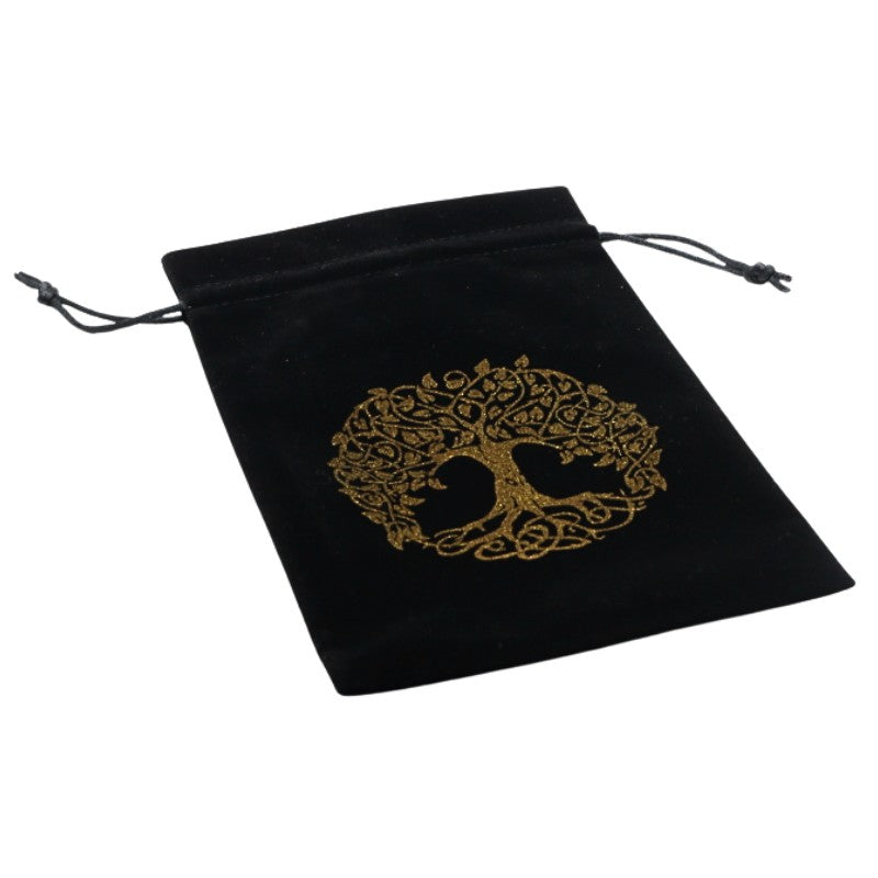 black drawstring velvet tarot bag with gold tree design 
