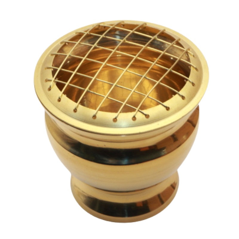 brass charcoal burner with mesh lid on white background