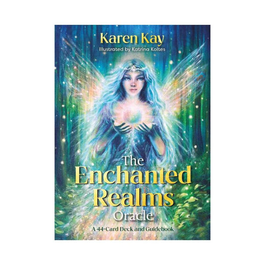 The Enchanted Realms Oracle by Karen Kay, featuring a blue-haired fairy with luminous wings holding a glowing orb in a blue-green forest.

