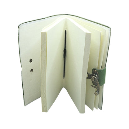 inside of a notebook with blank pages and a locking closure, on a white background