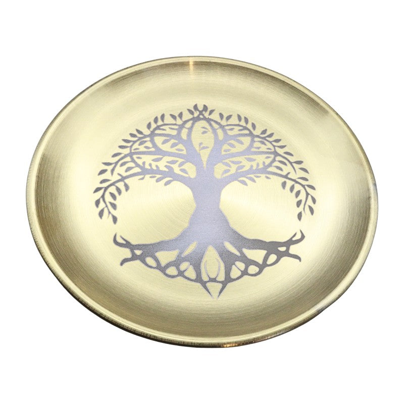 A round, shallow brass-colored dish featuring a dark gray tree of life design printed in the center, set against a plain white background.