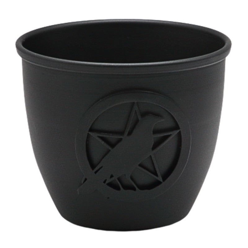 Iron smudge bowl with a raven pentacle design on front 