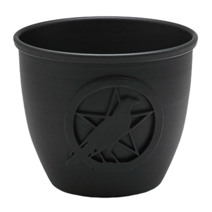 Iron smudge bowl with a raven pentacle design on front 