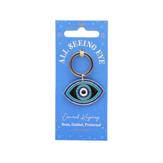 Keychain with eye design on a blue card labeled 'All Seeing Eye' against a white background
