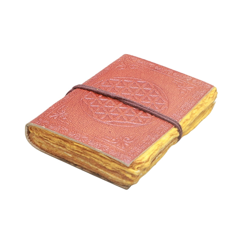 brown leather journal, embossed with image of a flower of life design, with a brown tie, on a white background