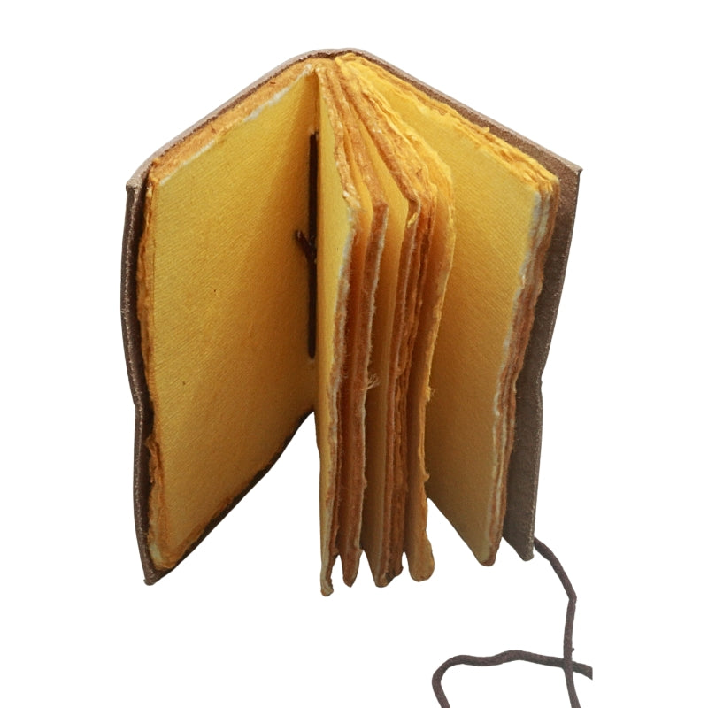 open leather journal on a white background, showing yellowed deckle-edged paper