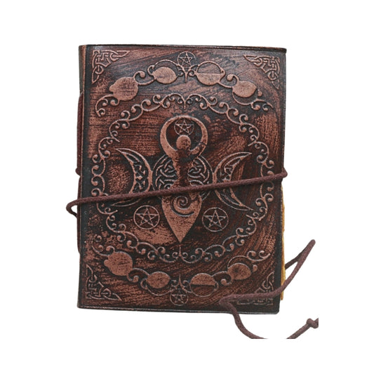 leather journal with brown tie and embossed spiral goddess design, on a white background
