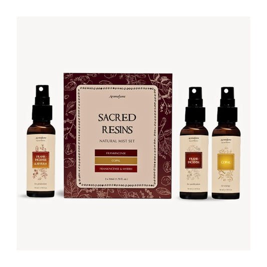 Sacred Resin Natural Mist Set Box next to 3 mist sprays