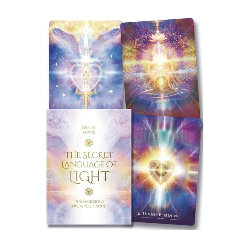 An oracle deck set titled 'The Secret Language of Light' by Denise Jarvie, featuring the front cover and three illustrated cards with glowing light and angelic imagery on a white background.