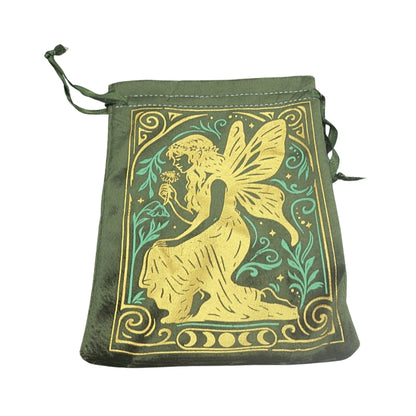 olive green drawstring velvet bag with a fairy image and moon phases in gold printed on the front and a green satin drawstring