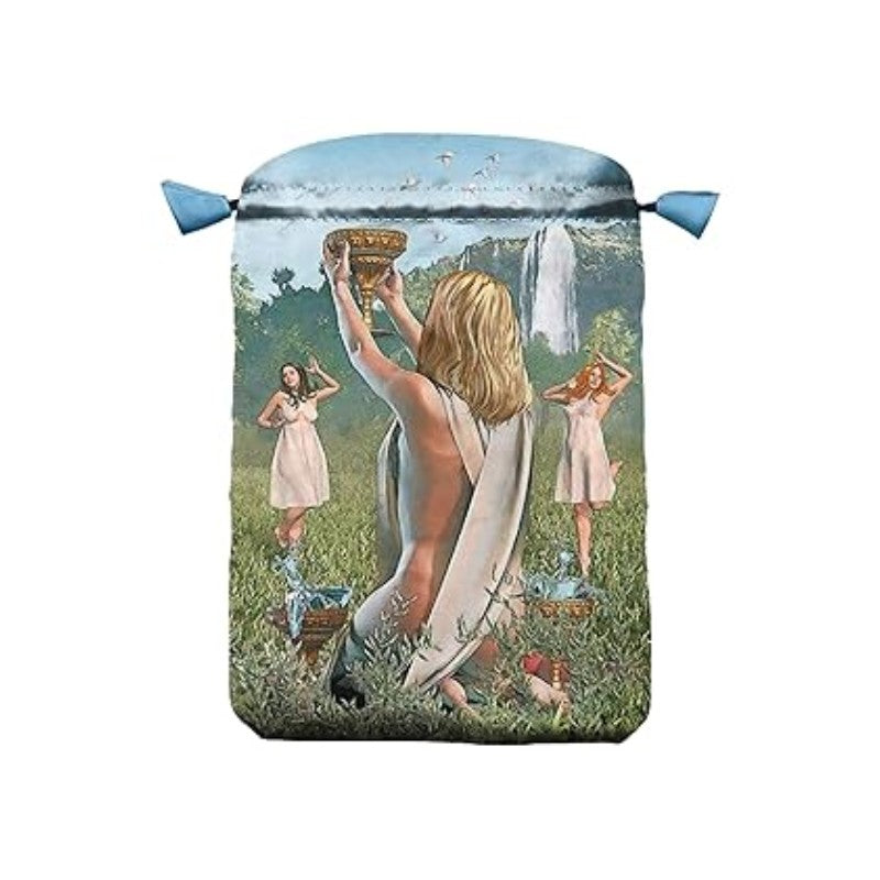 Satin tarot bag with woman holding up chalice, 2 women dancing in background